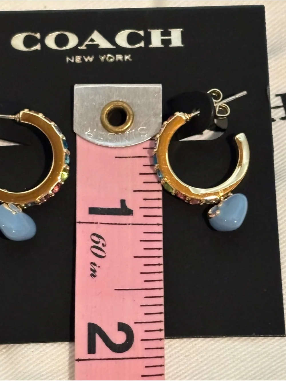 NWT Coach Rainbow Pavé Heart Charm Huggie Hoop Earrings Blue Gold